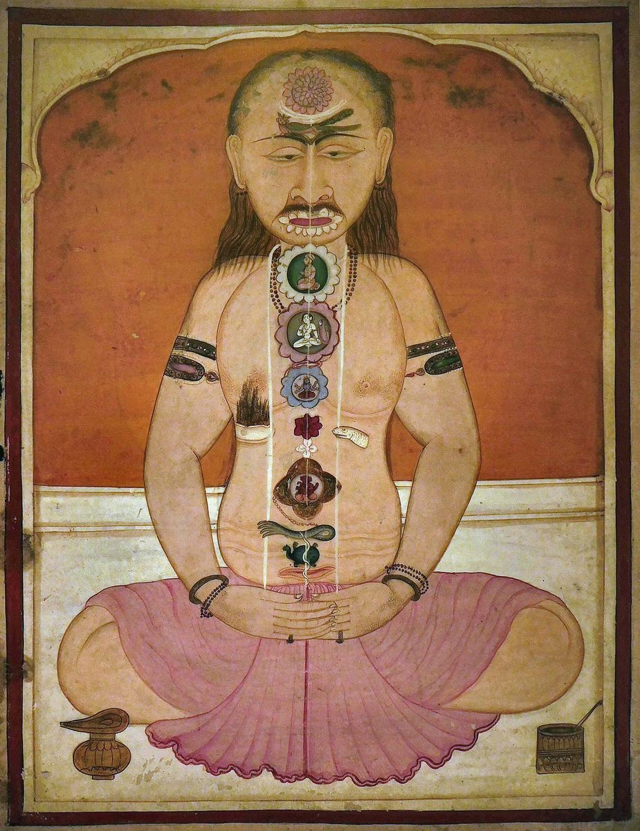 Historische indische Darstellung eines meditierenden Yogis mit Chakren und der Kundalini-Schlange entlang der Wirbelsäule